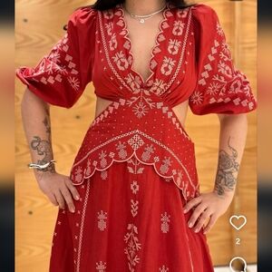FARM Rio Brazil Red Embroided Dress Puff Sleeves Size L